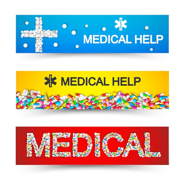 Banners horizontales de atención médica farmacéutica con inscripciones y cápsulas de colores, tabletas, tabletas, píldoras