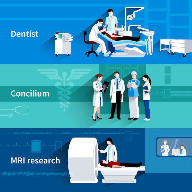 Vector gratuito banners horizontales de atención médica profesional concilium 3 con dentista y resonancia magnética resumen ilustración vector aislado