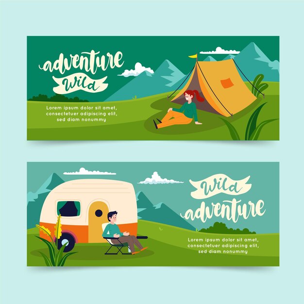 Banners horizontales de aventura plana con carpa.