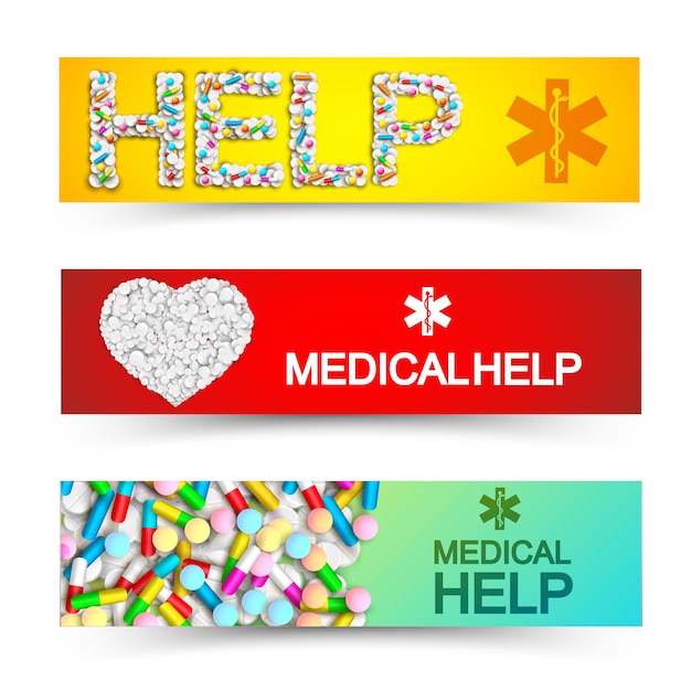 Vector gratuito banners horizontales de ayuda médica ligera con cápsulas de colores, medicamentos, píldoras y remedios ilustración