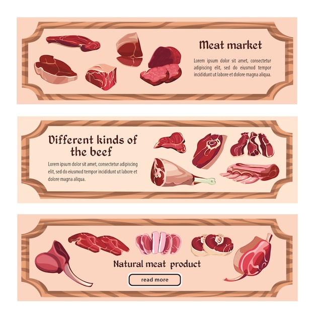 Banners horizontales de carne fresca dibujados a mano