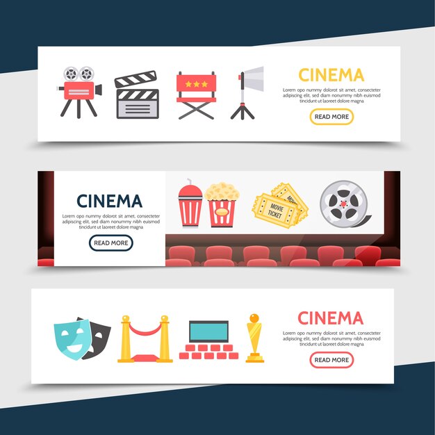 Banners horizontales de cine plano con cámara de cine, tablilla, director, silla, proyector, palomitas de maíz