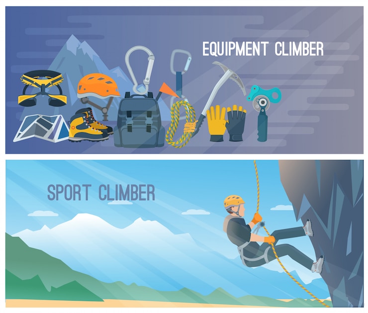 Vector gratuito banners horizontales en color con título sobre equipamiento de escalador y deporte.