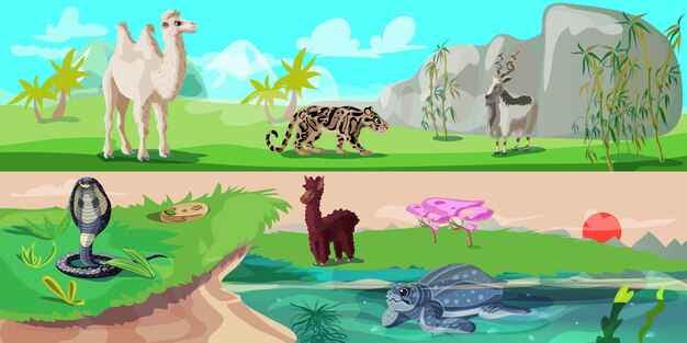 Banners horizontales coloridos animales asiáticos