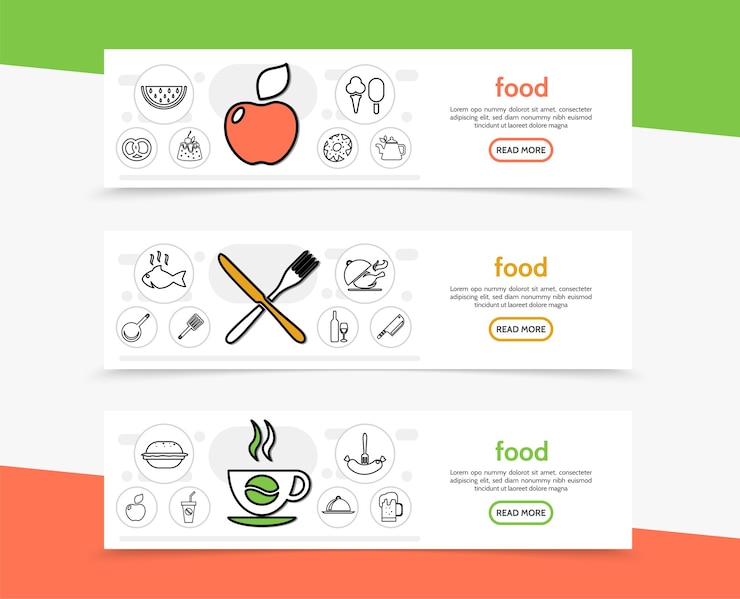 Vector gratuito banners horizontales de comida y cocina.