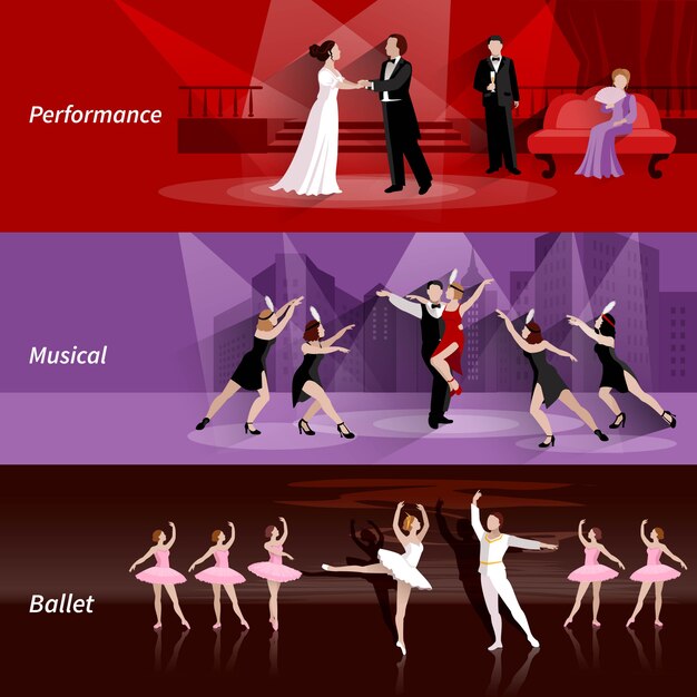 Banners horizontales conjunto de personas de teatro en el ballet musical y el rendimiento