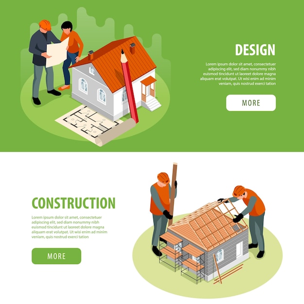 Banners horizontales de construcción de casas con símbolos de diseño ilustración vectorial aislada isométrica