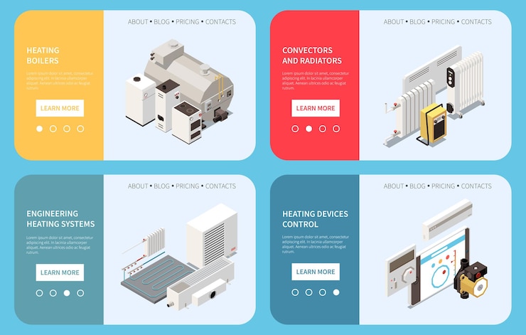 Vector gratuito banners horizontales con control de radiador de caldera isométrica y control de dispositivos del sistema de calefacción ilustración aislada