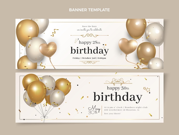 Vector gratuito banners horizontales de cumpleaños dorado de lujo realista
