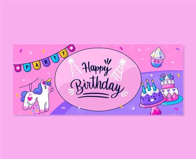 Banners horizontales de cumpleaños infantiles dibujados a mano