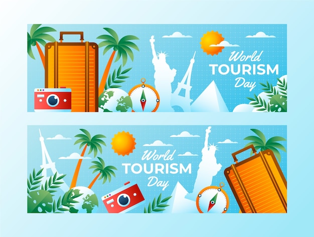 Vector gratuito banners horizontales degradados establecidos para la celebración del día mundial del turismo