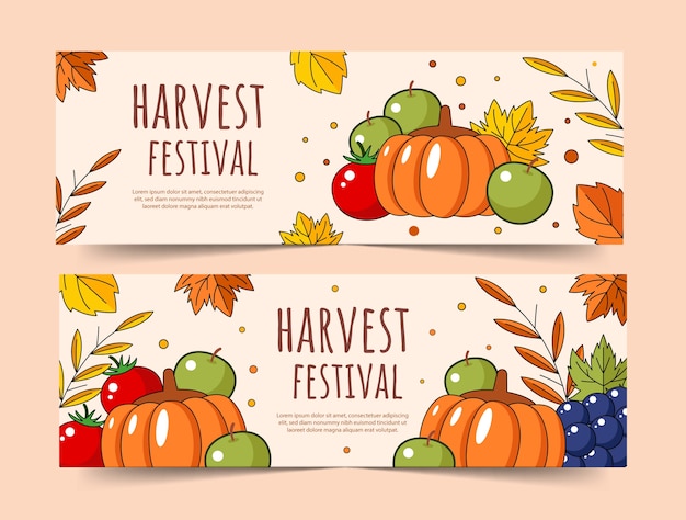 Vector gratuito banners horizontales dibujados a mano para la celebración del festival de la cosecha con verduras