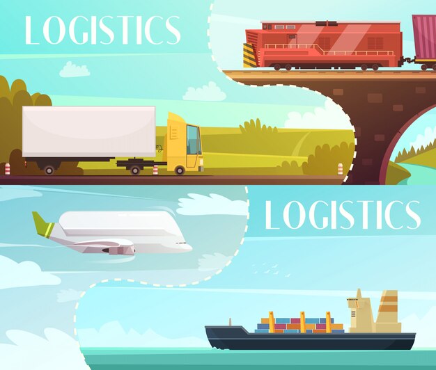 Banners horizontales de dibujos animados de logística conjunto con símbolos de entrega aislados ilustración vectorial