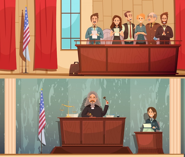 Vector gratuito banners horizontales de dibujos animados vintage de la ley y la justicia americana 2 con sentencia pronunciada en sala de audiencias