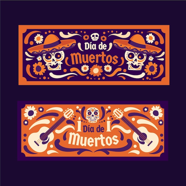 Vector gratuito banners horizontales de diseño plano del día de los muertos.