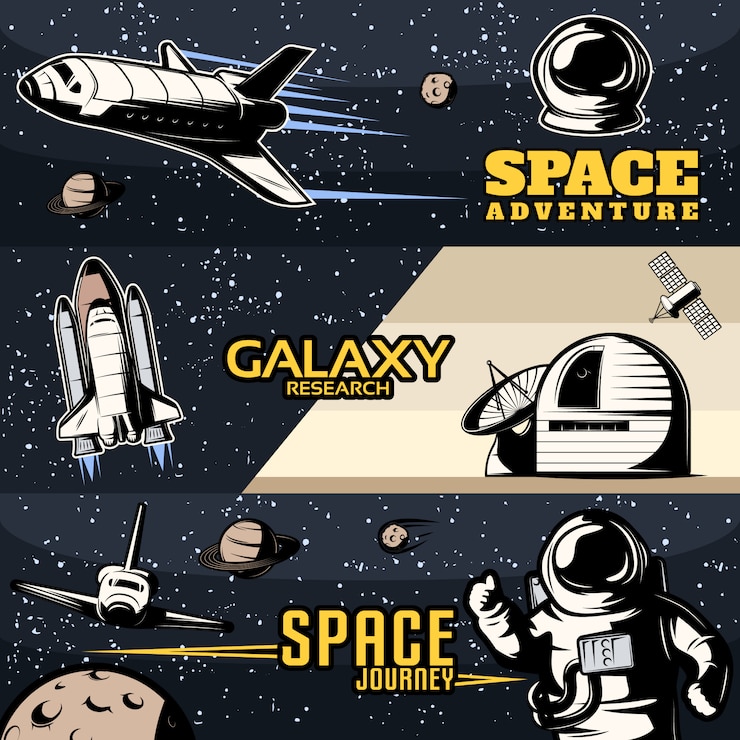 Vector gratuito banners horizontales espaciales con equipo científico para la investigación de galaxias transbordadores cósmicos para viajes aislados