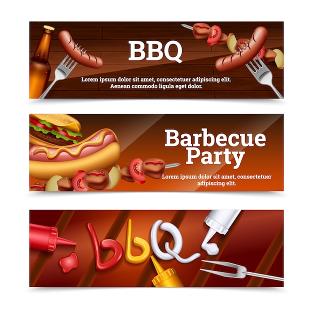 Vector gratuito banners horizontales de la fiesta de barbacoa con conjunto de hamburguesa y salsa de pinchos para hot dog