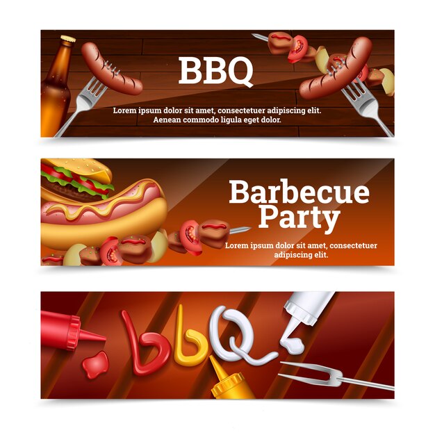 Banners horizontales de la fiesta de barbacoa con conjunto de hamburguesa y salsa de pinchos para hot dog