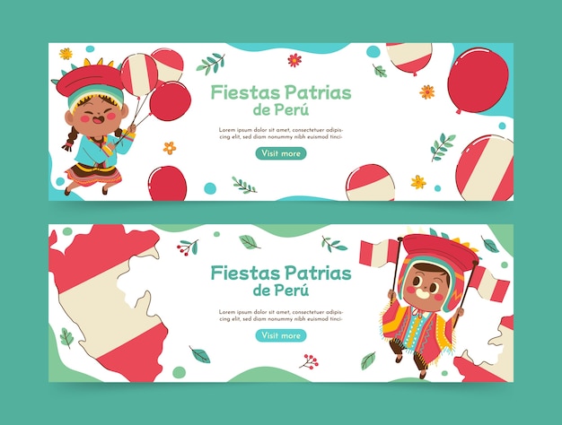 Banners horizontales de fiestas patrias planas con globos y niños.