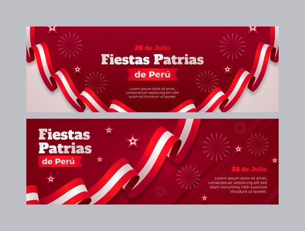 Banners horizontales de fiestas patrias realistas con estrellas y fuegos artificiales.