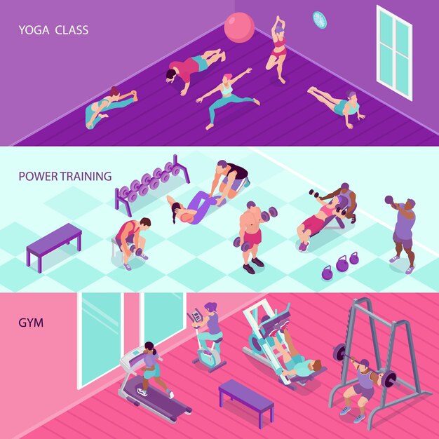 Banners horizontales de fitness con personas en el gimnasio y en clase de yoga 3d isométrico aislado