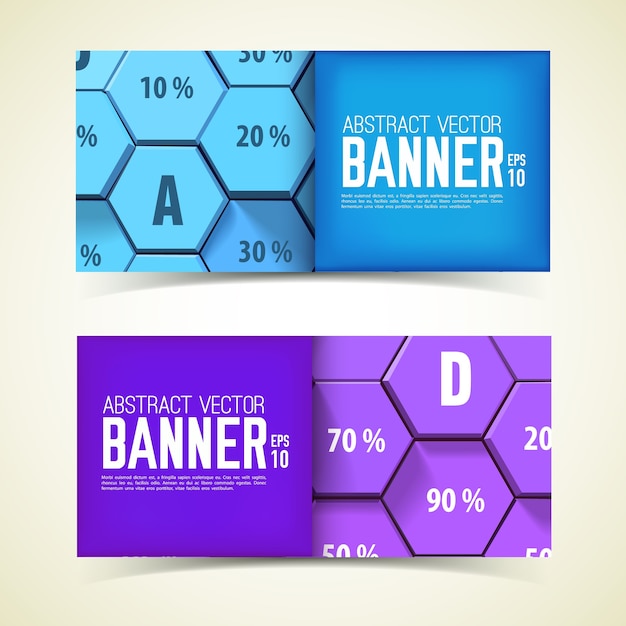 Banners horizontales geométricos web con hexágonos 3d azules y púrpuras y porcentaje aislado