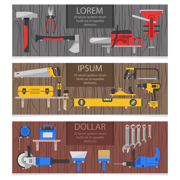 Vector gratuito banners horizontales de herramientas de trabajo con instrumentos de colores para carpintero