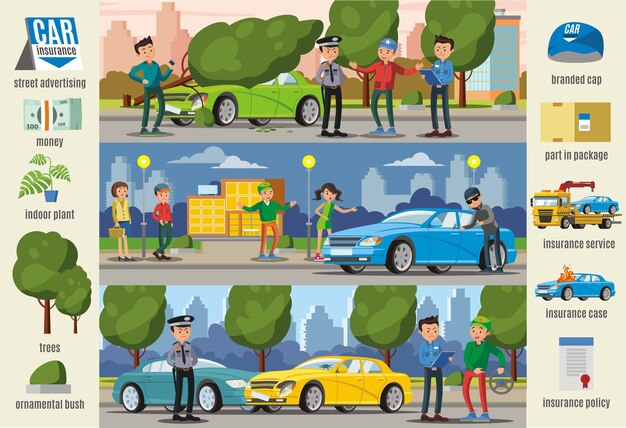 Banners horizontales de infografía de casos de seguro de coche