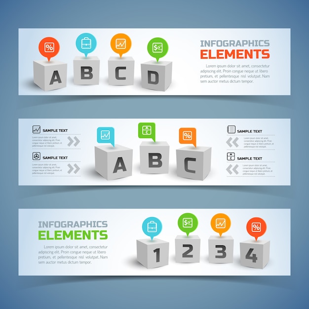 Vector gratuito banners horizontales de infografía de cubos con cubos 3d