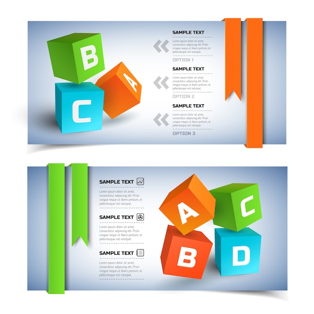 Vector gratuito banners horizontales de infografía geométrica con coloridos cubos 3d