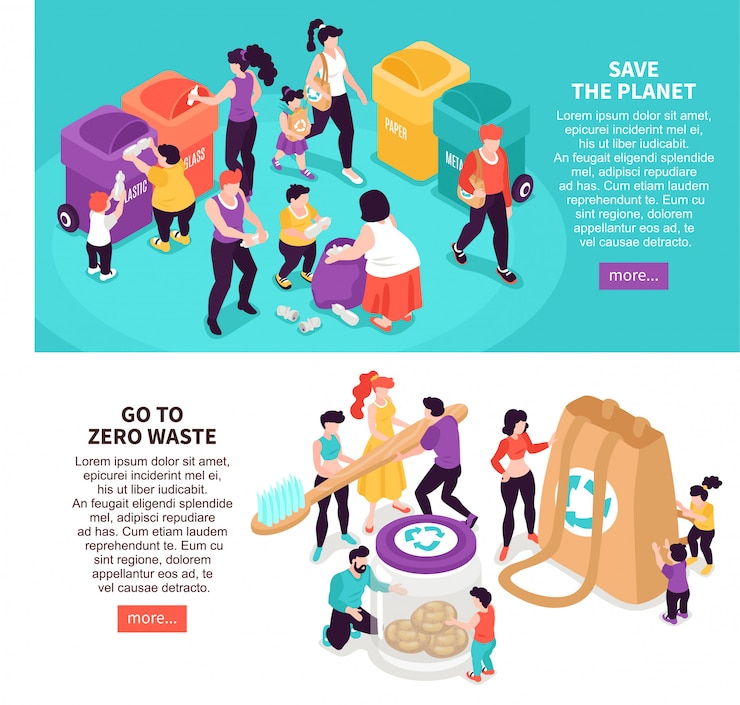 Vector gratuito banners horizontales isométricos de cero residuos con personas salvando el planeta y clasificando basura ilustración aislada 3d