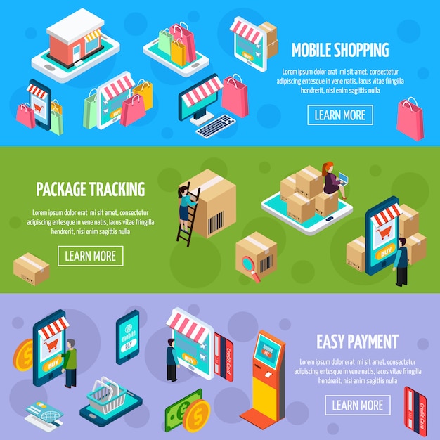 Banners horizontales isométricos de compras móviles