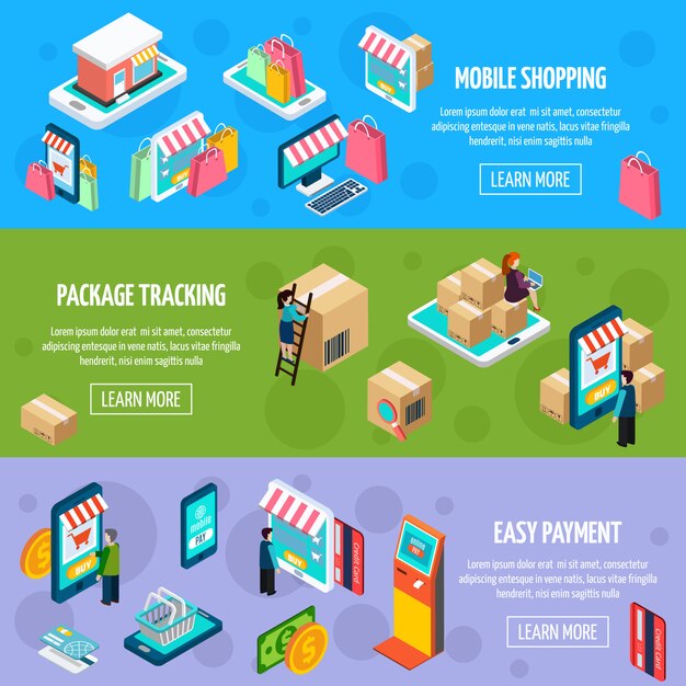 Banners horizontales isométricos de compras móviles