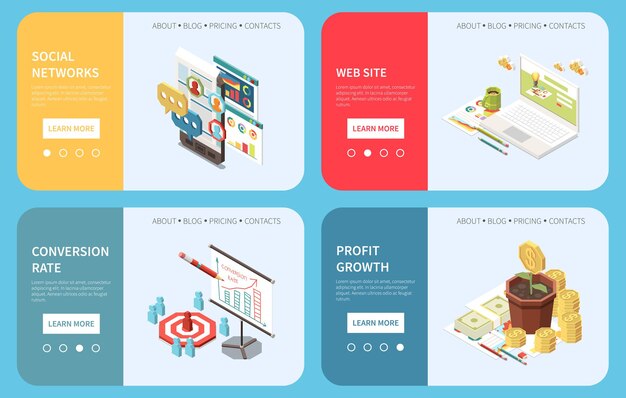 Banners horizontales isométricos de concepto de estrategia de marketing con interruptores de página de botones de aprendizaje