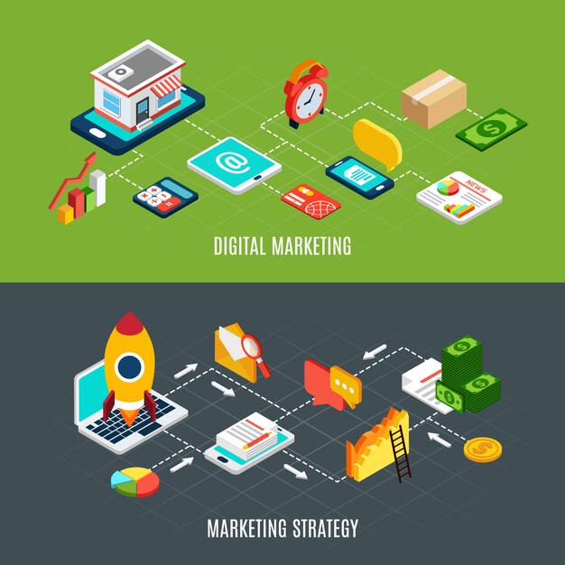 Banners horizontales isométricos con diagramas de flujo que presentan etapas de la estrategia de marketing digital.