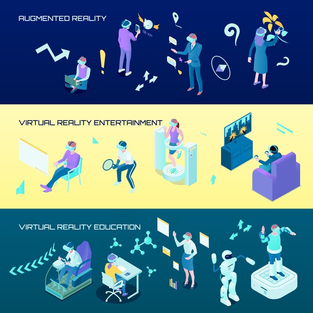 Banners horizontales isométricos de realidad virtual