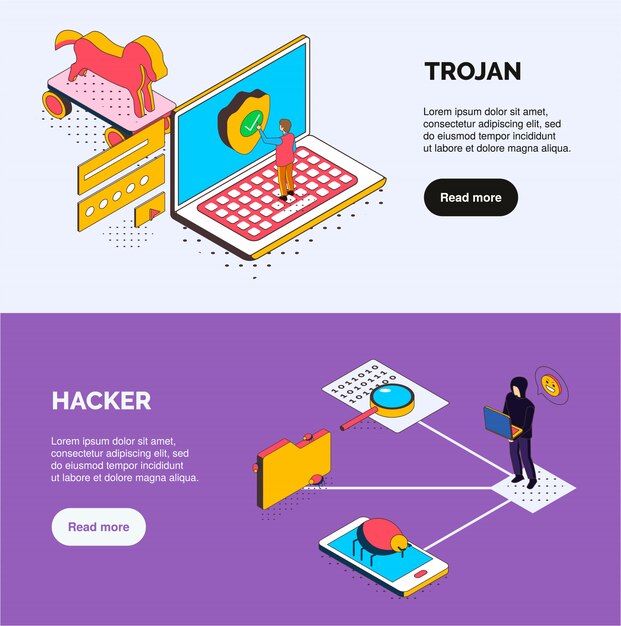 Banners horizontales isométricos de seguridad cibernética con iconos de troyanos y piratas informáticos, errores de caracteres humanos y botones en los que se puede hacer clic