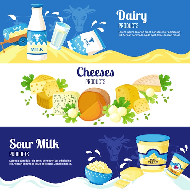 Banners horizontales de leche y queso