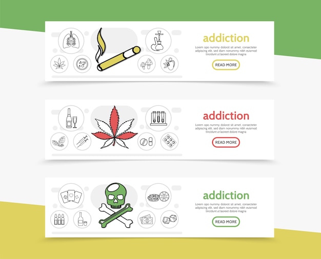 Vector gratuito banners horizontales de malos hábitos con cigarrillos, narguile, marihuana, tabaco, hojas, hongos, tubos de bebida