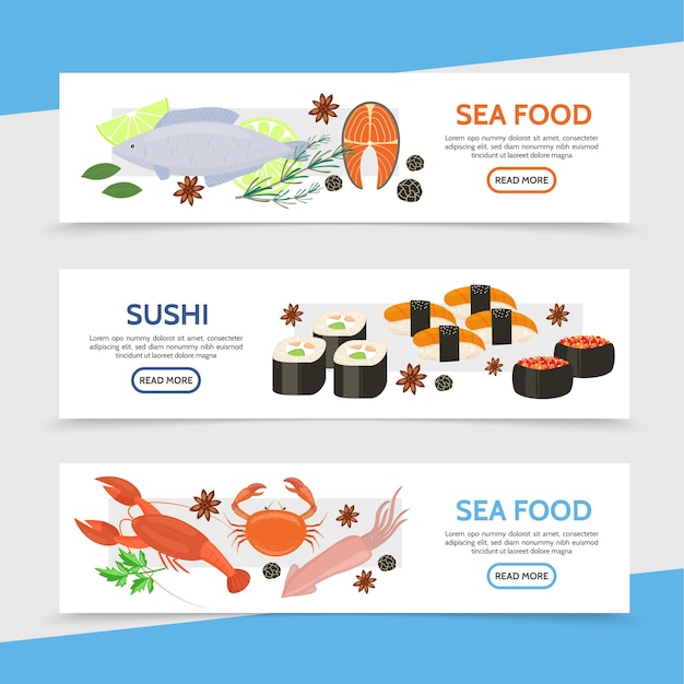 Banners horizontales de mariscos planos naturales con pescado cocido calamar cangrejo langosta filete de salmón hierbas de caviar