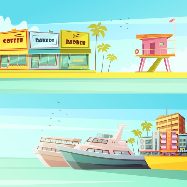 Banners horizontales de miami beach en estilo de dibujos animados