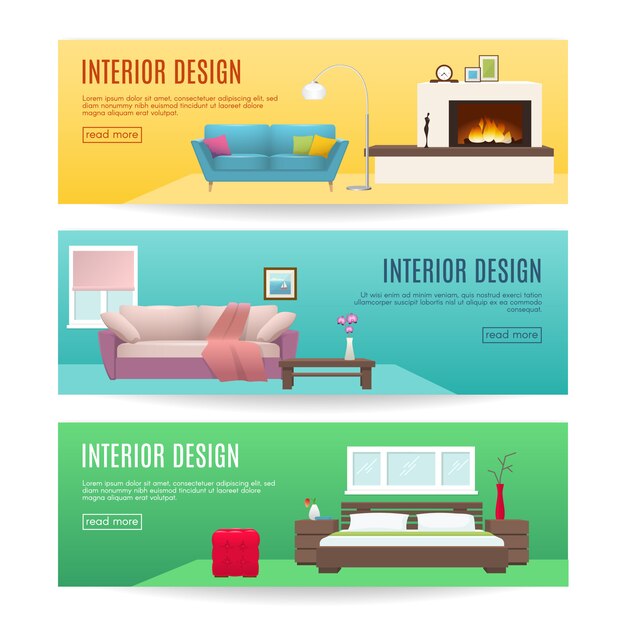 Banners horizontales de muebles con diseño de interiores de salón y dormitorio de chimenea aislado ilustración vectorial