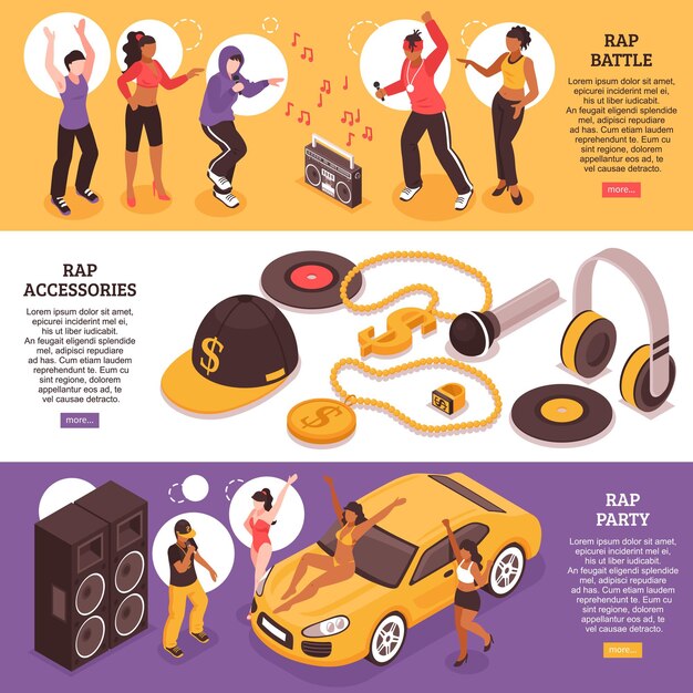 Banners horizontales de música rap con adolescentes que participan en batallas de rap y fiestas de rap isométricas