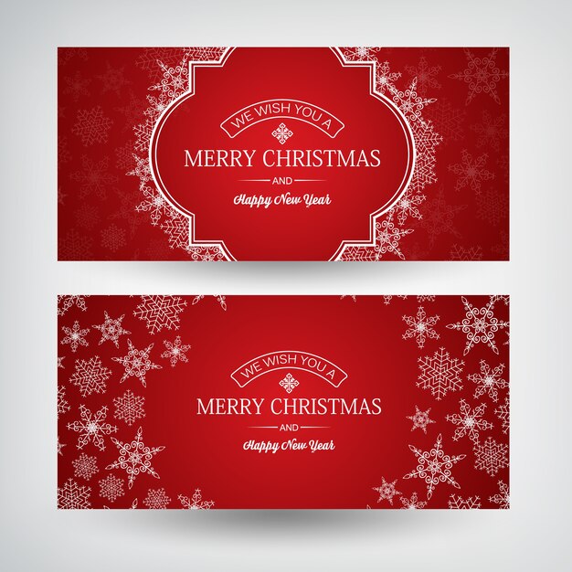 Banners horizontales de Navidad y feliz año nuevo con inscripciones de saludo y hermosos copos de nieve en rojo