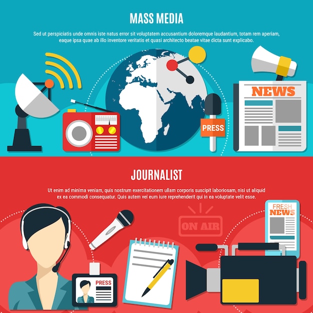Banners horizontales de periodista y medios de comunicación con accesorios clásicos de periodista