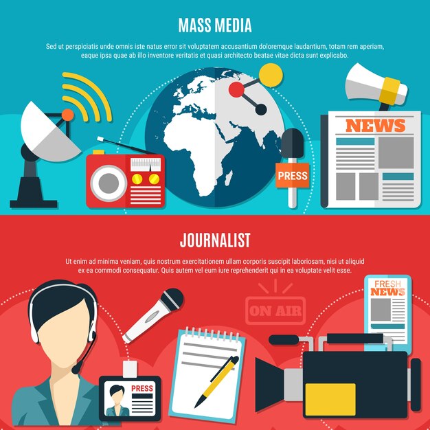 Banners horizontales de periodista y medios de comunicación con accesorios clásicos de periodista