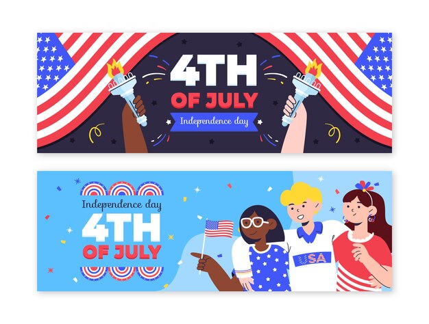 Banners horizontales planos del 4 de julio con gente celebrando