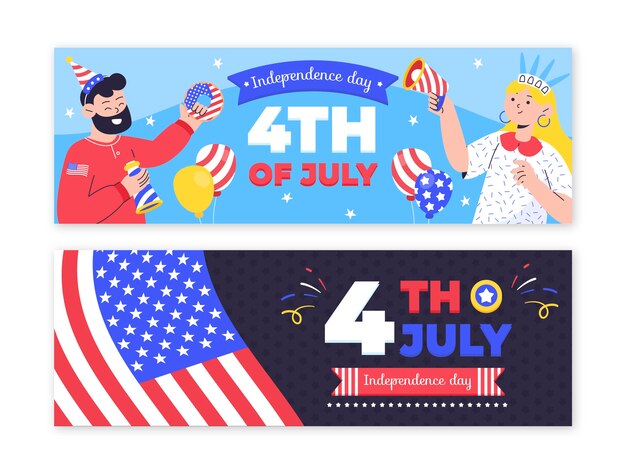 Banners horizontales planos del 4 de julio con gente celebrando