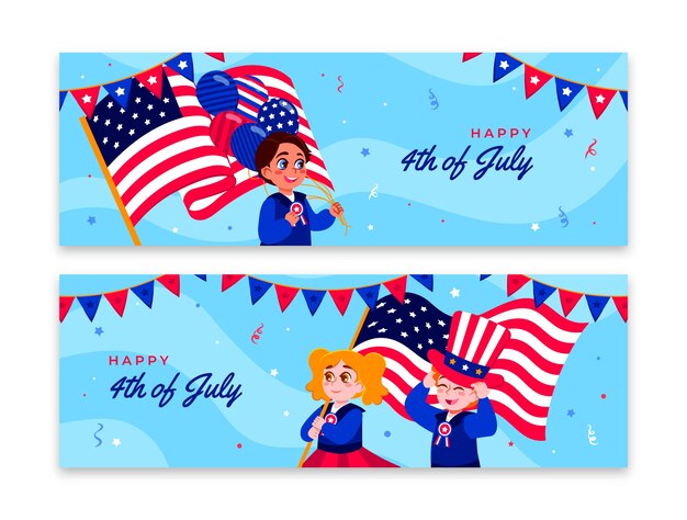 Banners horizontales planos del 4 de julio con gente celebrando