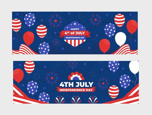 Banners horizontales planos del 4 de julio con globos